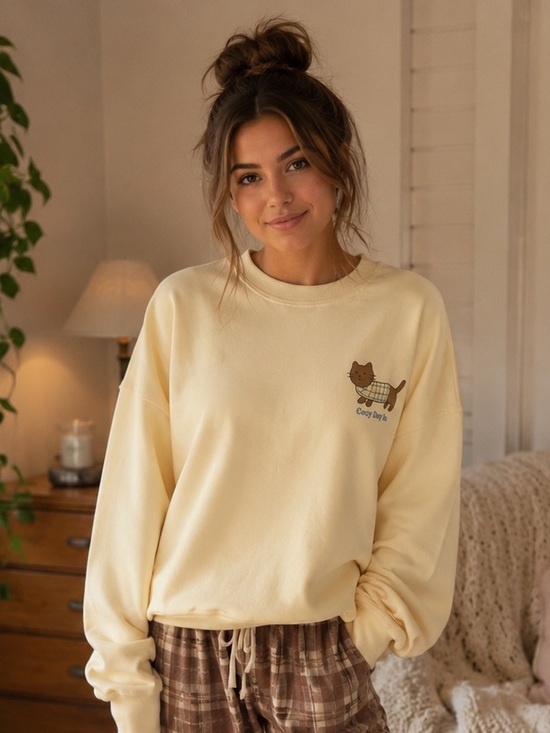 Le Lis Tops - Le Lis Pale Yellow Crewneck Sweatshirt with Small Cat Graphic